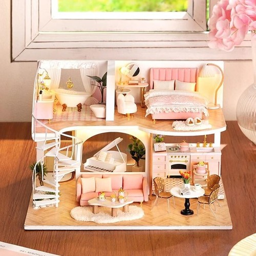 Modern Pink House DIY Miniature Led Light Wooden Dollhouse Music Box - Picture 4 of 22