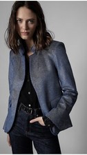 Zadig Voltaire Very Velours Sparkle Jacket Blue Open front Blazer 548 Sz 36