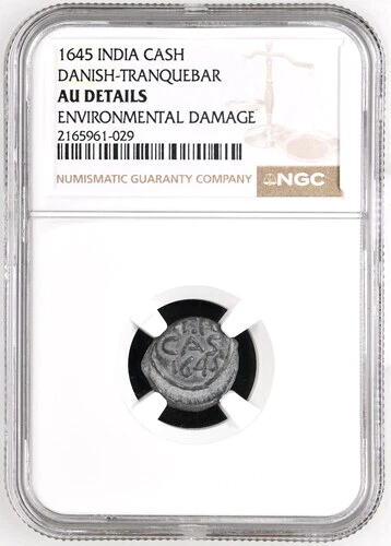 1645 Danish India Lead Cash, Kas, NGC AU Details, KM-35, RR Rarity