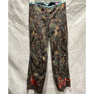 Vintage Oilily Shades of Green Jungle Print Boho Embroidered Pants - Sz -34
