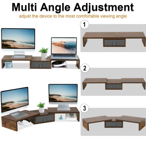 Dual Monitor Stand Riser with Drawer Organizer 37 inch Corner Desk Shelf Brown - Picture 2 of 7