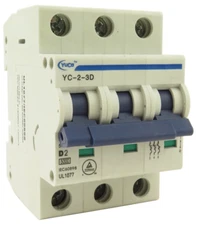 YuCo YC-2-3D Miniature Din Rail Circuit Breaker D-Curve 2-Amp 3P 480VAC 220VDC