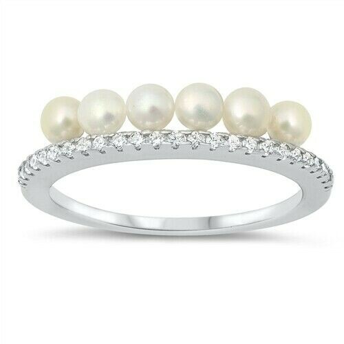 Ring Sterling Silver 925 Pearl Clear CZ Rhodium Plated Face Height 5 mm Size 8 - Picture 1 of 1