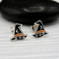 Witches Hat Earrings - 925 Sterling Silver Halloween Witch Hat Stud Earrings NEW