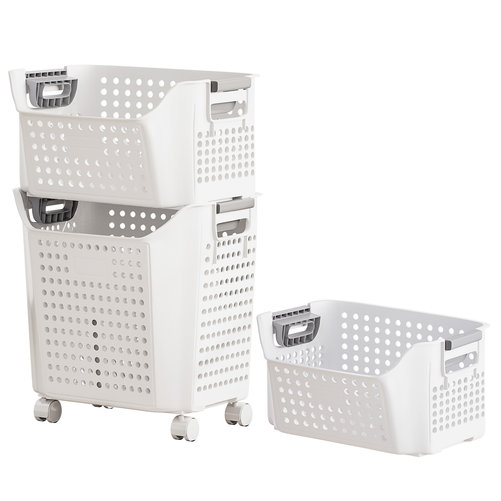 Wäschekorb mit Rollen Wäschewagen Wäschesortierer Wäschesammler, Stapelbar