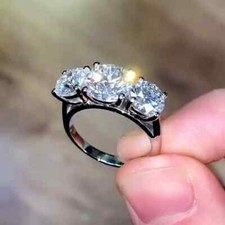 3 Ct Round Cut Moissanite Three-Stone Engagement Ring 14k White Gold Plated