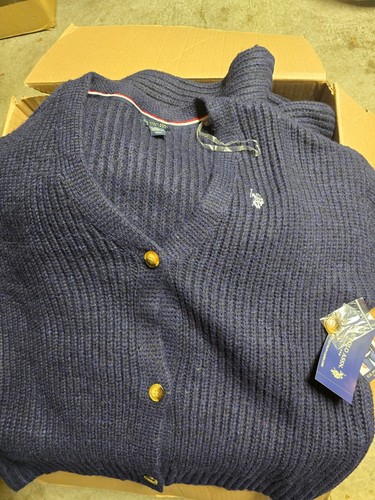 US Polo Assn Women’s botton UP Wool Cashmere Cable Knit Sweater Navy L- Size new - Picture 3 of 5