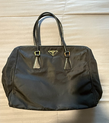 PRADA Black Zip Satchel Handbag Logo Pattern Gold Hardware Double Handles