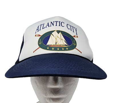 Atlantic City Hat Cap Snap Back Blue White Mesh Trucker Sailboat Oars Mens