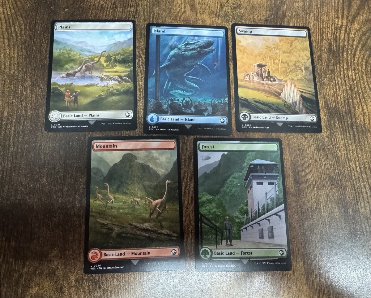 REX MTG Jurassic World Double Sided Full Art Lands 5 Card Set Magic Land Cards | eBay REX MTG Jurassic World Double Sided Full Art Lands 5 Card Set Magic Land Cards | eBay