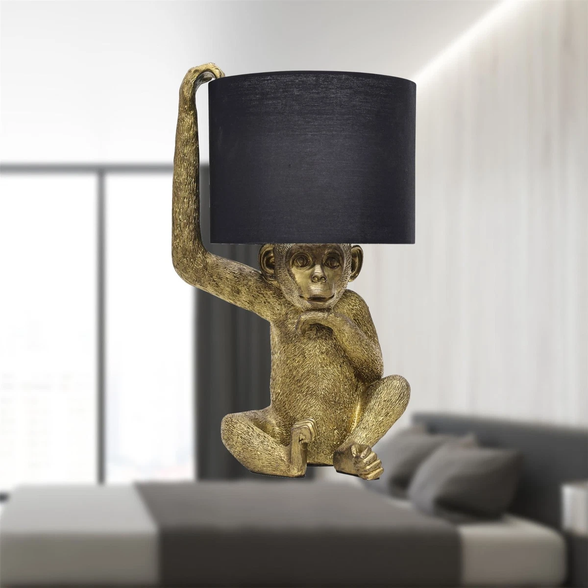Lámpara de mesa mono dorado y negro luz de noche retro animal luz de dormitorio