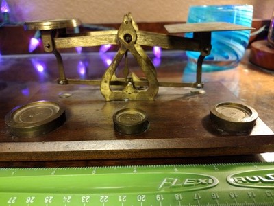 Vintage Brass Postage Scale With Three Weights - Balance Scale On Wooden Block