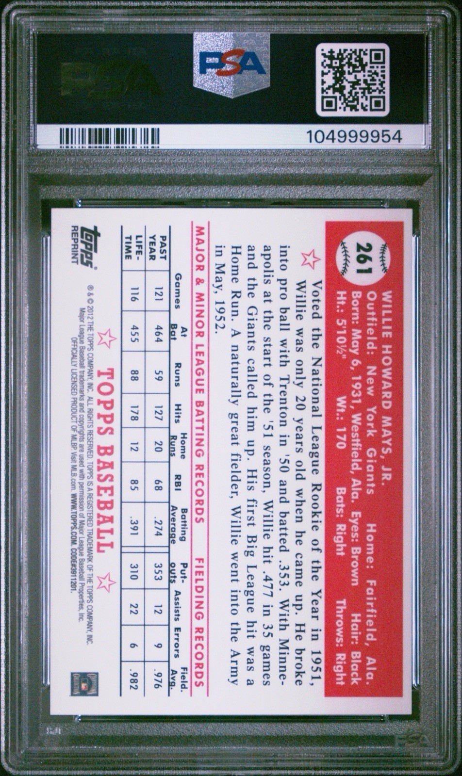 2012 Topps Willie Mays 1952 Gold Refractor Preprint 261 PSA 10 Rookie Card view 2