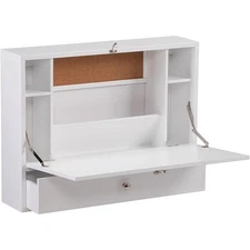 Wall Mount Wooden Laptop Folding Floating Desk in White w/ Storage Drawers