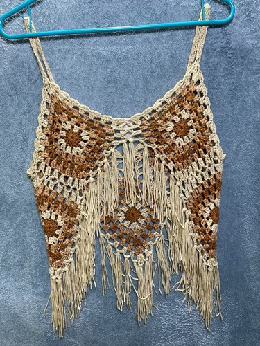 VIVID Crocheted Tank Top Womens Size L Granny Square Fringe Festival Hippy Boho - Picture 2 of 8