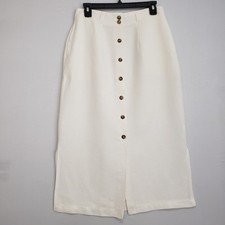 Halston Linen Blend Button Front Midi Skirt Ivory White Size 10 Pocket Slit