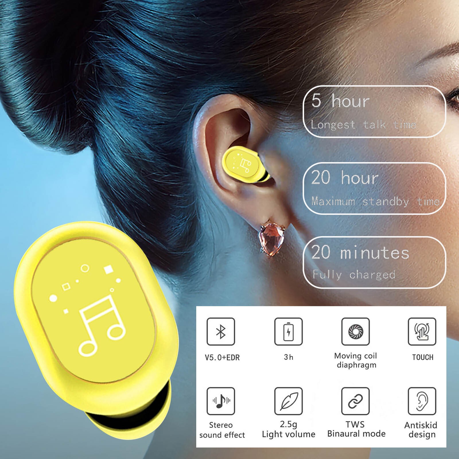 F911 In-Ear Mini Wireless Headphones Bluetooth Compatible Headphones Yellow