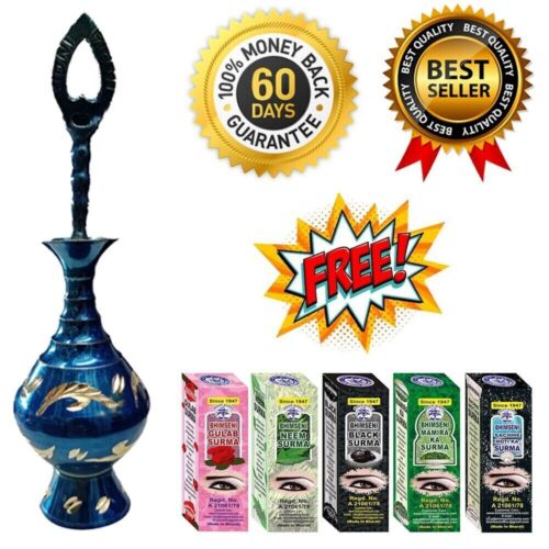 Handmade BLUE Brass Surma Dani Bottle Islamic Kohl Pot Stick Eyeliner AUS - Picture 3 of 7