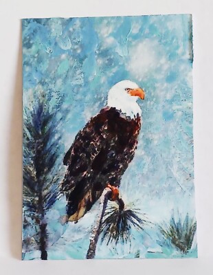 Eagle on top of tree ACEO Original Animal hand PAINTING by Leslie Popp