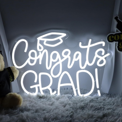 Congrats Grad Neon Sign - 11.3 * 16.7 Inch White Adjustable LED Graduation Decor