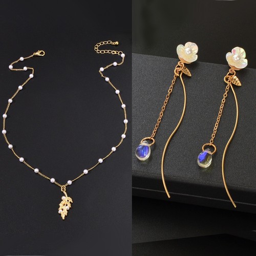 Imitation Pearl Gold Chain Leaf Pendant Necklace Tassel Chain Dangle Earring set - Picture 2 of 5