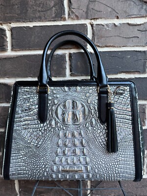 NWT $445 Brahmin Small Finley Chrome Azurine Leather Satchel black silver