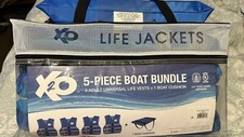 5 Pk Boat Bundle Universal Life Jacket 4 Pk plus Throwable Boat Cushion in Blue