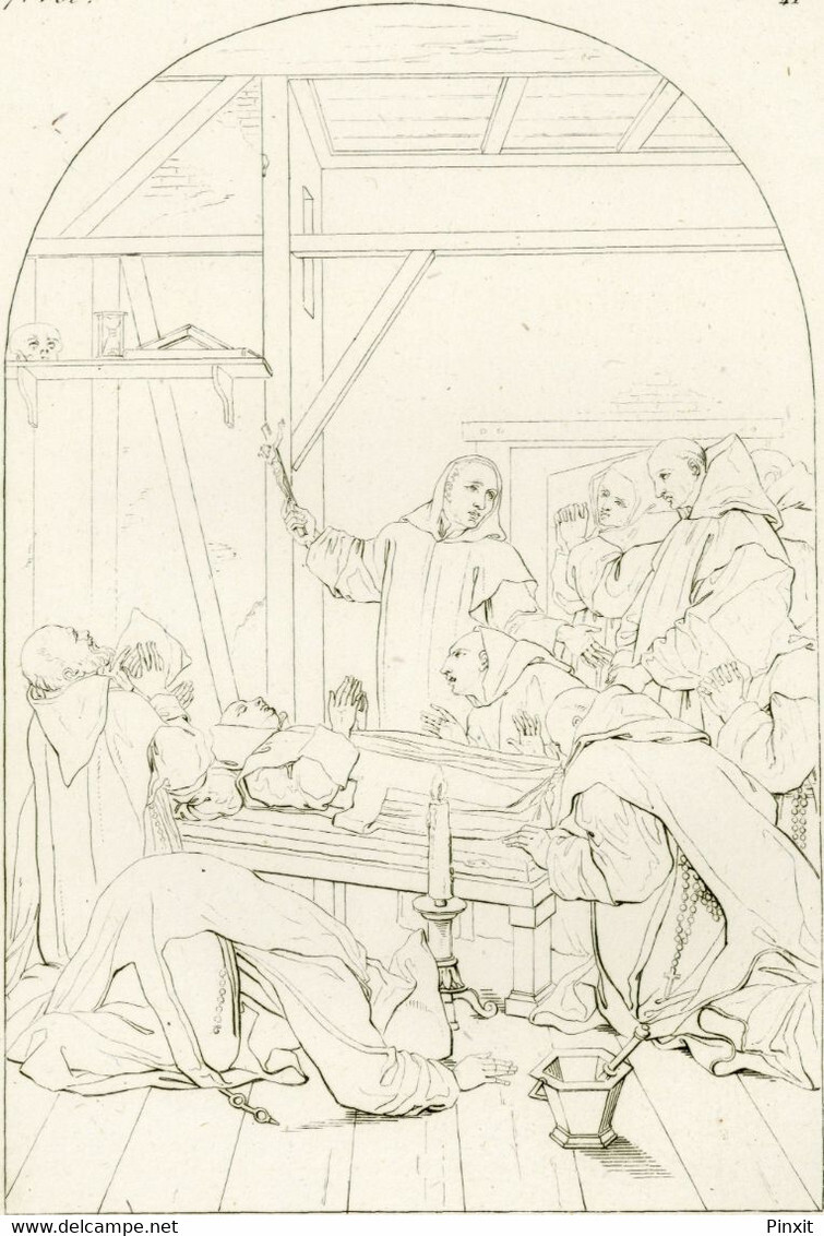 Eustache Le Sueur La mort de Saint Bruno - original 19th century engraving