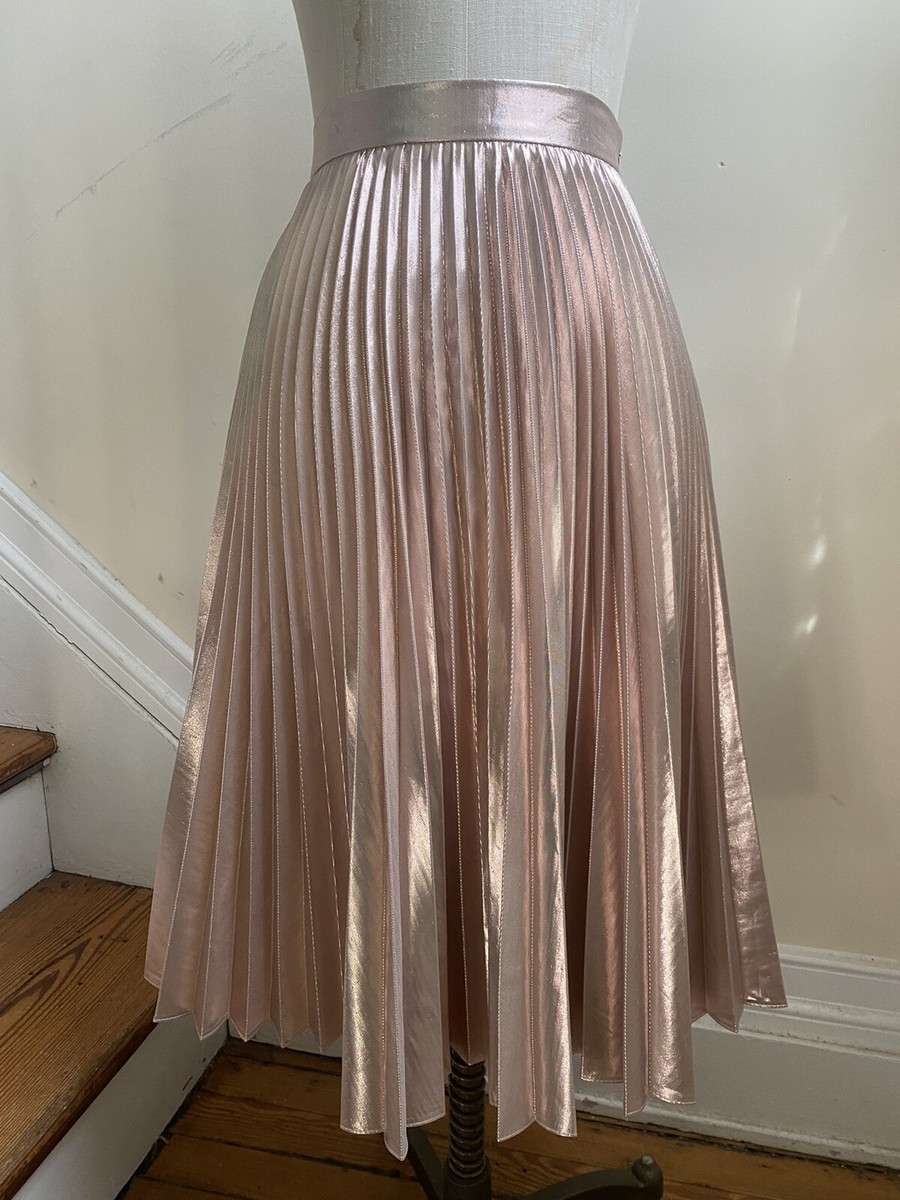 Rose Gold Pink Metallic Pleated Midi Skirt Anthropologie Maeve