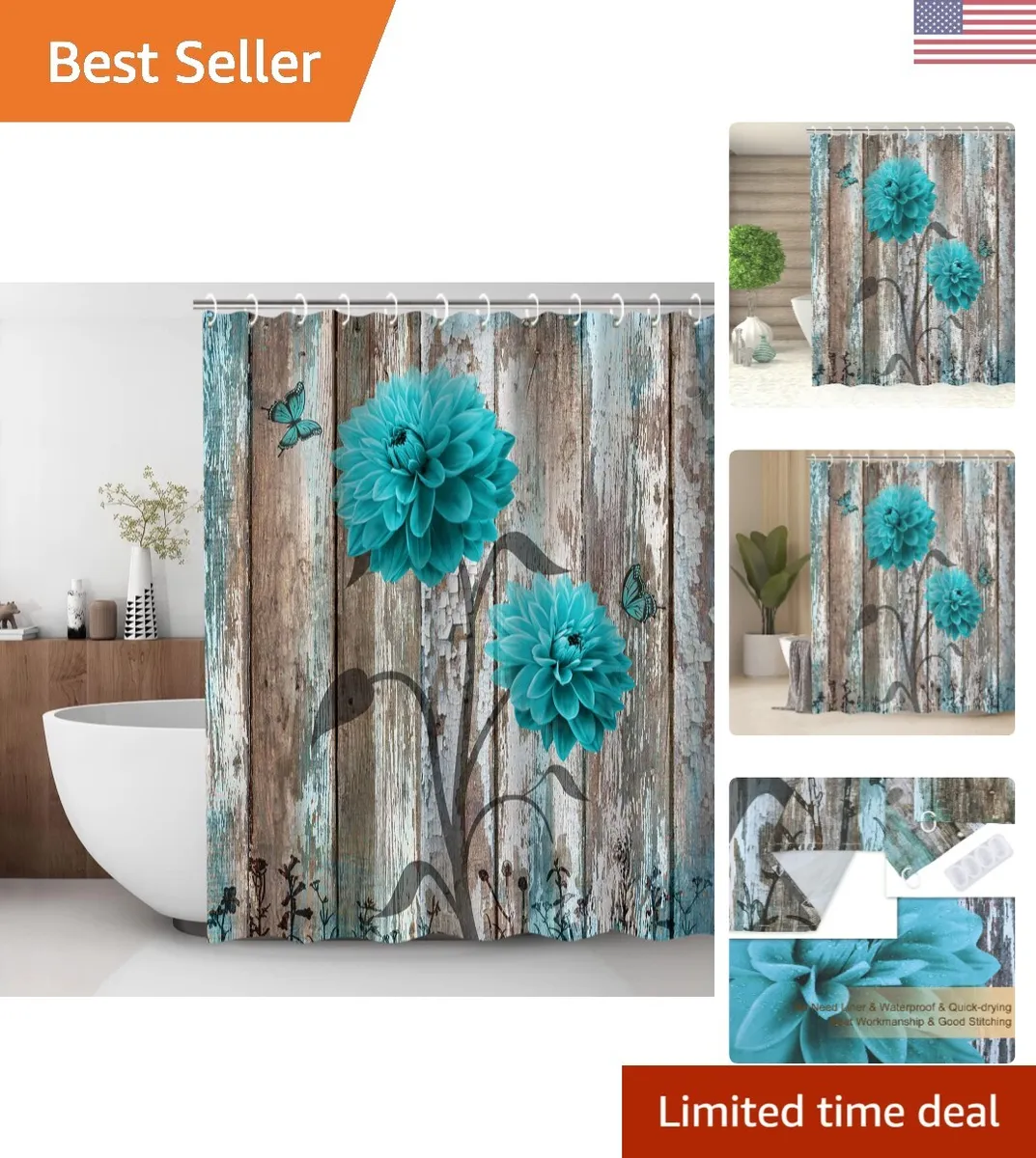 Teal Floral Shower Curtain Set with 12 Hooks - Farmhouse Turquoise Blue  Flower