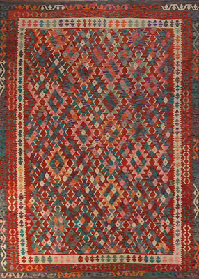 Geometric Kilim Rugs Wool Traditional Kelim Carpets 8x11 ft