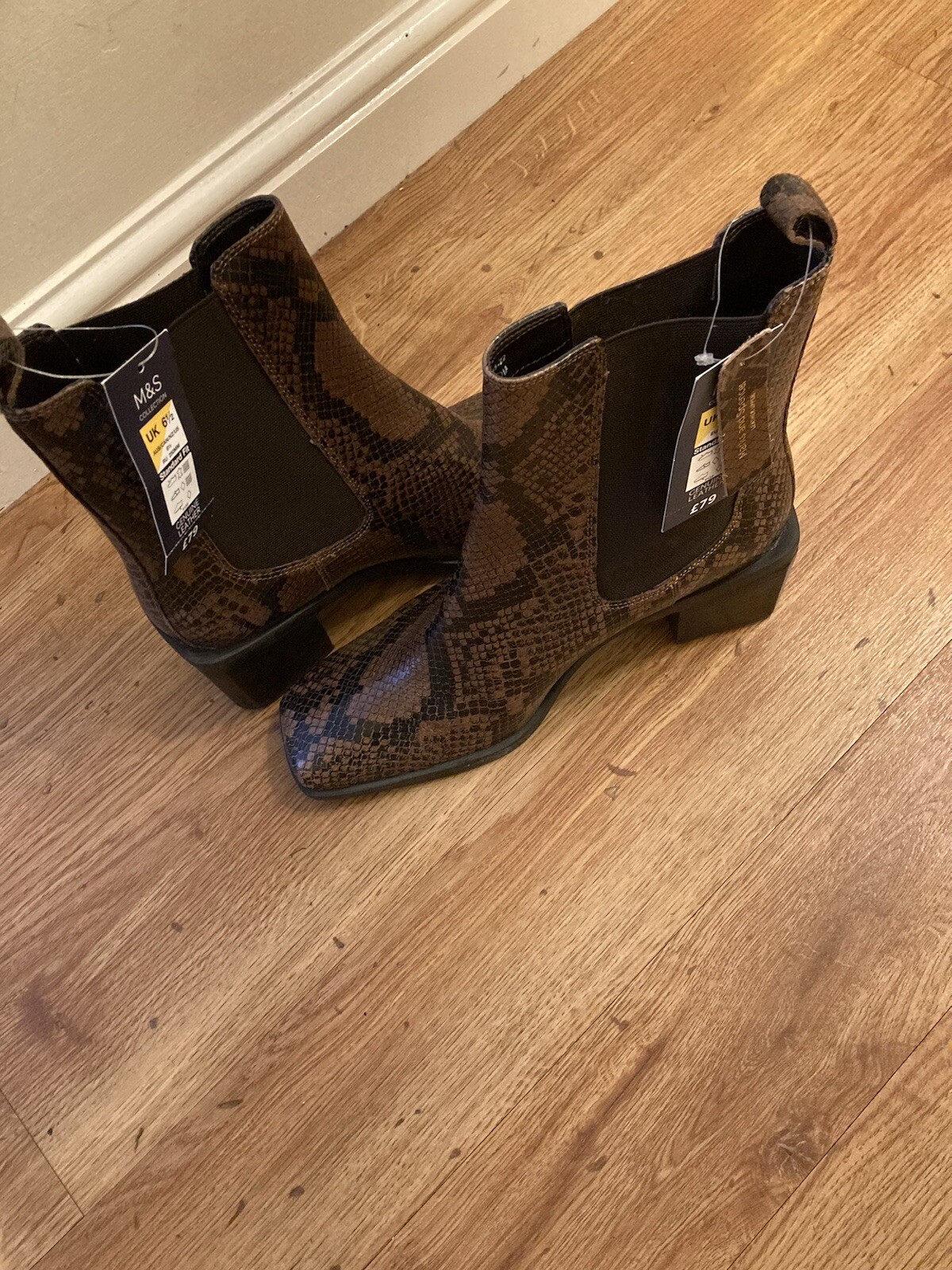 M And S Leather Ankle Boots. Snake Skin Effect In Brown