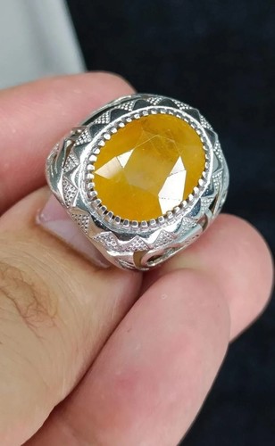 Gelber Saphir Sterlingsilber 925 handgefertigter Ring für Herren Pukhraj Silber Ring - Bild 3 von 3
