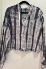So Lounge Life Tie Dye V Neck Hoodie Cropped Raw Hem Pullover Sweatshirt Sz L