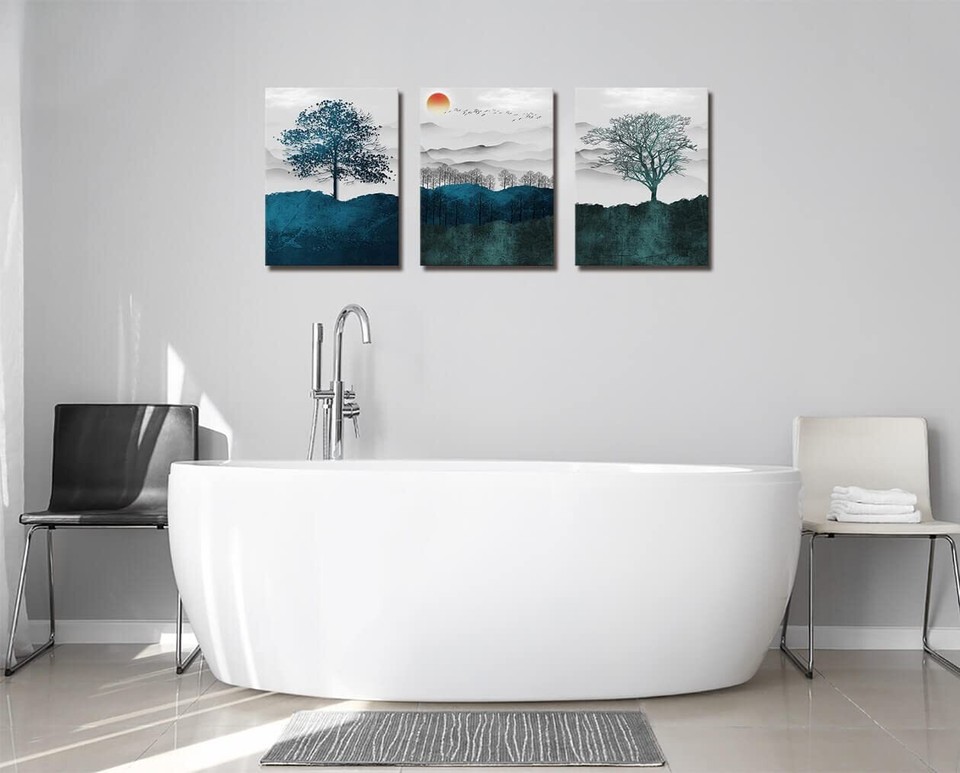 Blue and Grey Mountain Sunset Trees Nature Landscape Abstract Wall Art