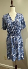 Michael Kors Wrap Waist Dress Womens M Blue Paisley Print Short Sleeve Coastal