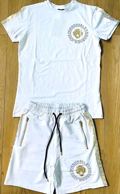 Mens lion short set, urban street wear hip hop 2 piece white