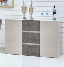 Sideboard Display Unit Gloss Cream with Stone Finish Three Drawers