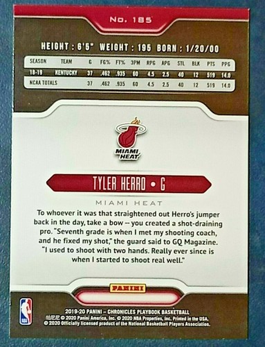 TYLER HERRO 2019-20 PANINI CHRONICLES PLAYBOOK PINK #185 RC ROOKIE MIAMI HEAT - Picture 2 of 2