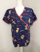 Women's Size Large Rudolph the Red Nosed Reindeer Clarice Navy Blue Scrub Top