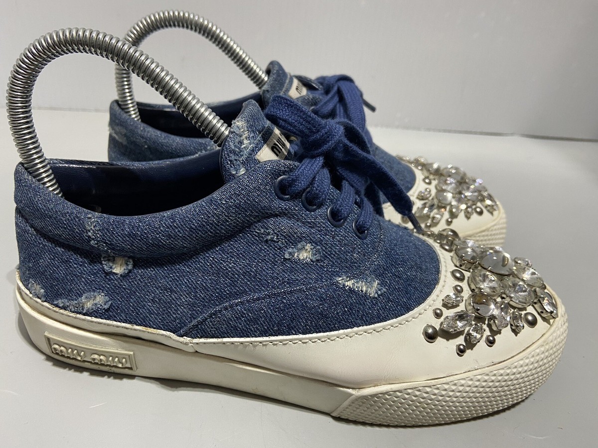 【送料込み】miu miu★SALE★5BA290 Miu Miu Women's Crystals Embellished Low Top Sneakers Denim