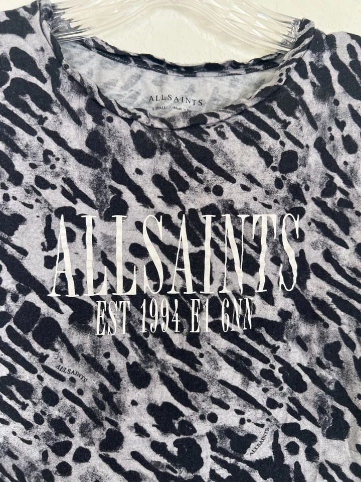 Camiseta sin mangas AllSaints para mujer XS gris negro estampado de leopardo algodón ambiente Kiana Foto 2 de 4