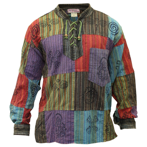 Men's Hand-Loomed Grandad Kurta Shirt - 100% Cotton Block Print Boho Ethnic Top - Picture 2 of 3