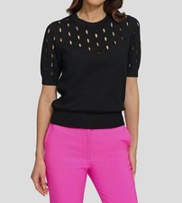 DKNY Women's Black Cutout Crewneck Short Sleeve Sweater Size S