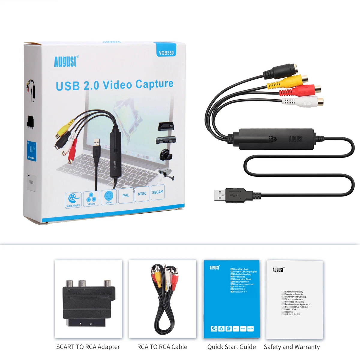 August VGB100 External USB2.0 Video Capture Card Transfer VHS Home Videos  to PC/Capture Xbox