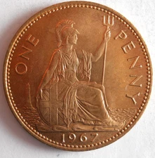 1967 GREAT BRITAIN PENNY - AU/UNC - Great Coin - FREE SHIP - Bin #2000