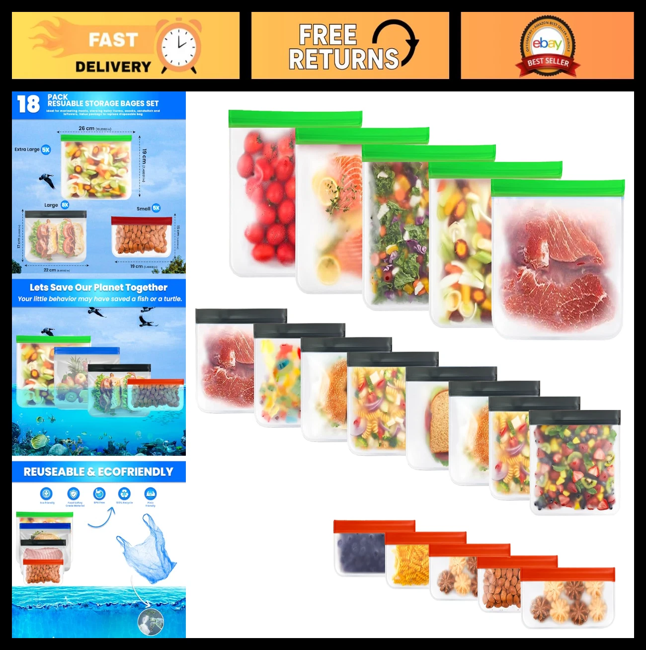 18-Pack Reusable Silicone Food Storage Bags - BPA-Free, Leakproof, Eco-Friendly,
