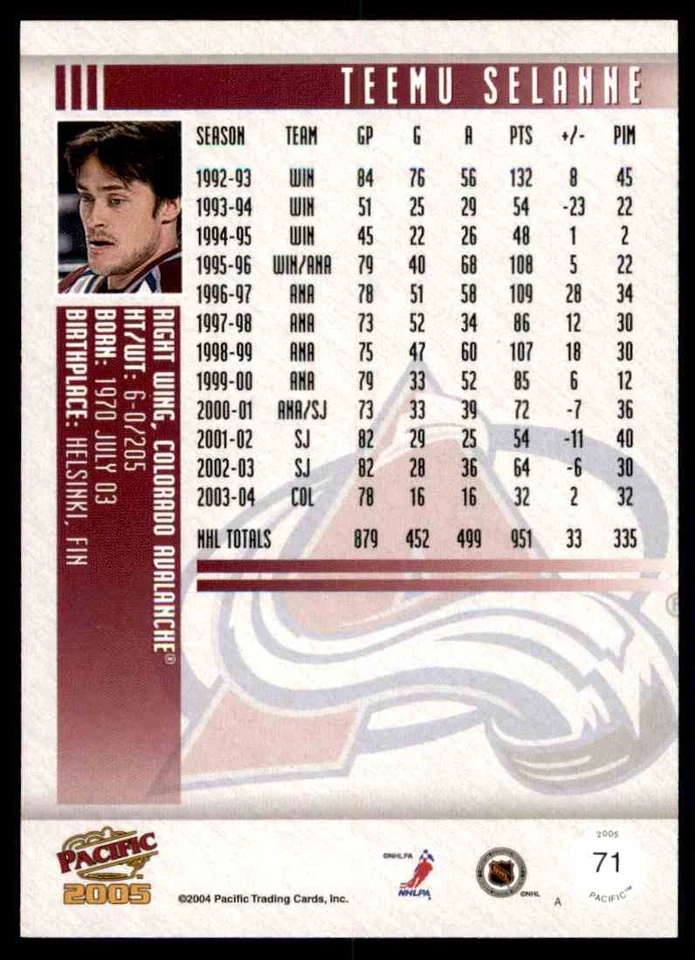 2004-05 PACIFIC TEEMU SELANNE COLORADO AVALANCHE #71 - Image 2 of 2