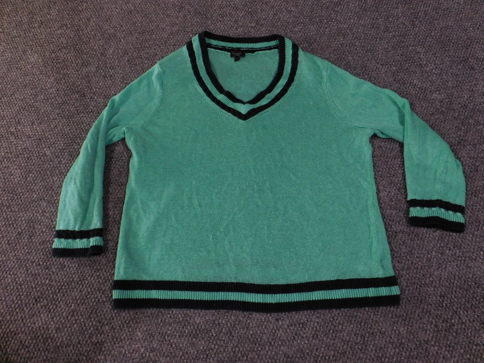 Suéter Talbots Mujer 2XP Verde Negro Cuello en V Lino Tejido Pullover Foto 3 de 4