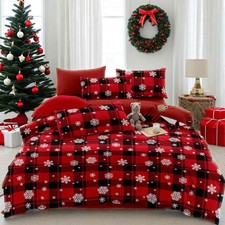 Merry Christmas Queen Size Comforter Set, Red and Black Grid Plaid Buffalo Ch...